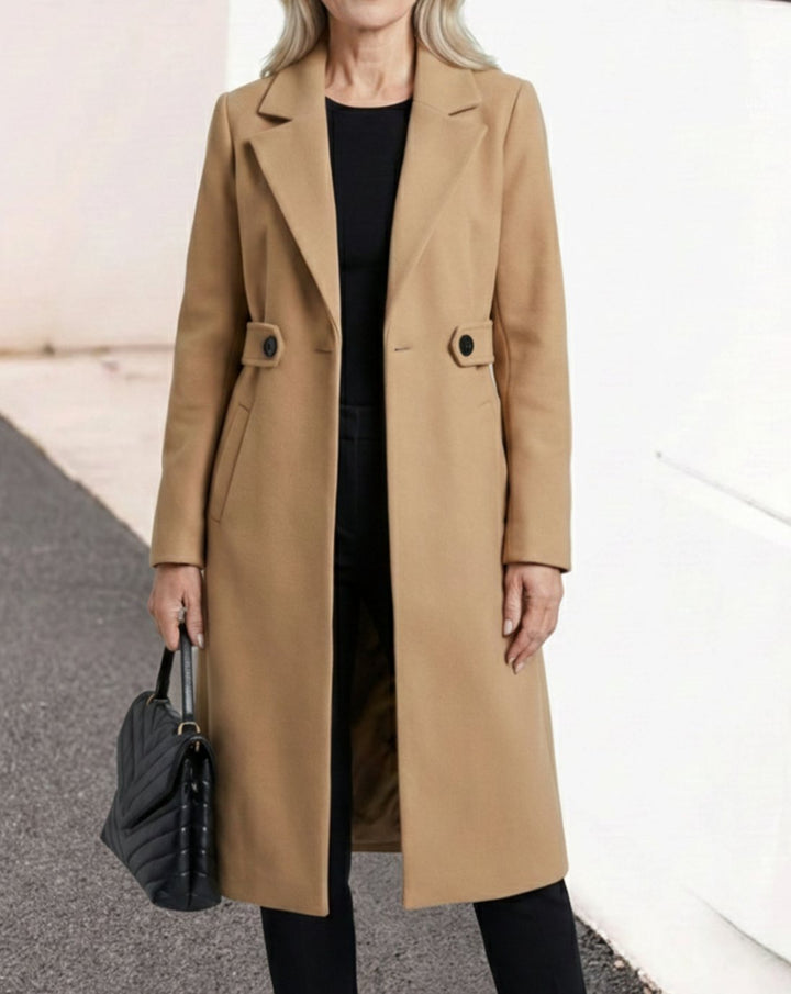 Damen Wollmantel mit Reverskragen Pattentaschen langer Schnitt - Khaki