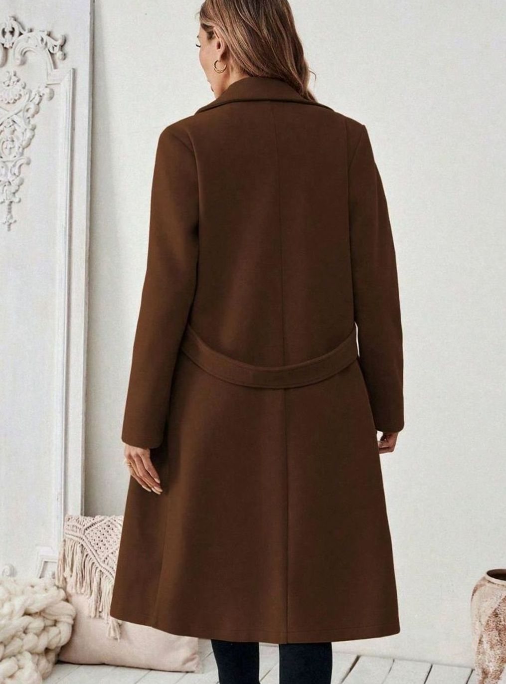 Damen Wollmantel mit Reverskragen Pattentaschen langer Schnitt