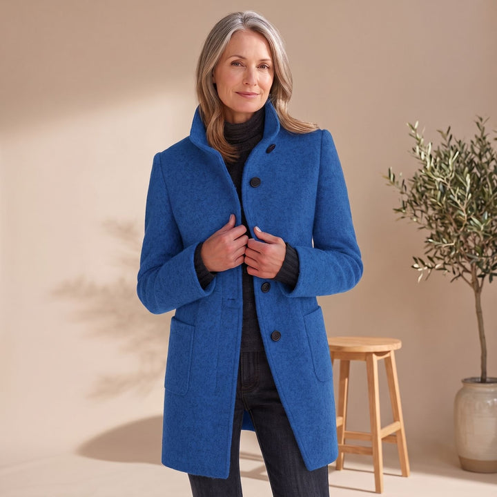 Damen Wollmantel mit Stehkragen Knopfleiste Wintermantel - Blau