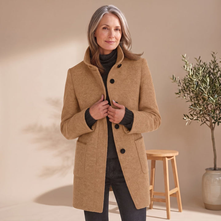 Damen Wollmantel mit Stehkragen Knopfleiste Wintermantel - Khaki