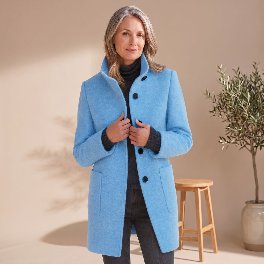 Damen Wollmantel mit Stehkragen Knopfleiste Wintermantel - Hellblau