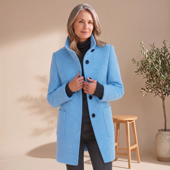 Damen Wollmantel mit Stehkragen Knopfleiste Wintermantel - Hellblau