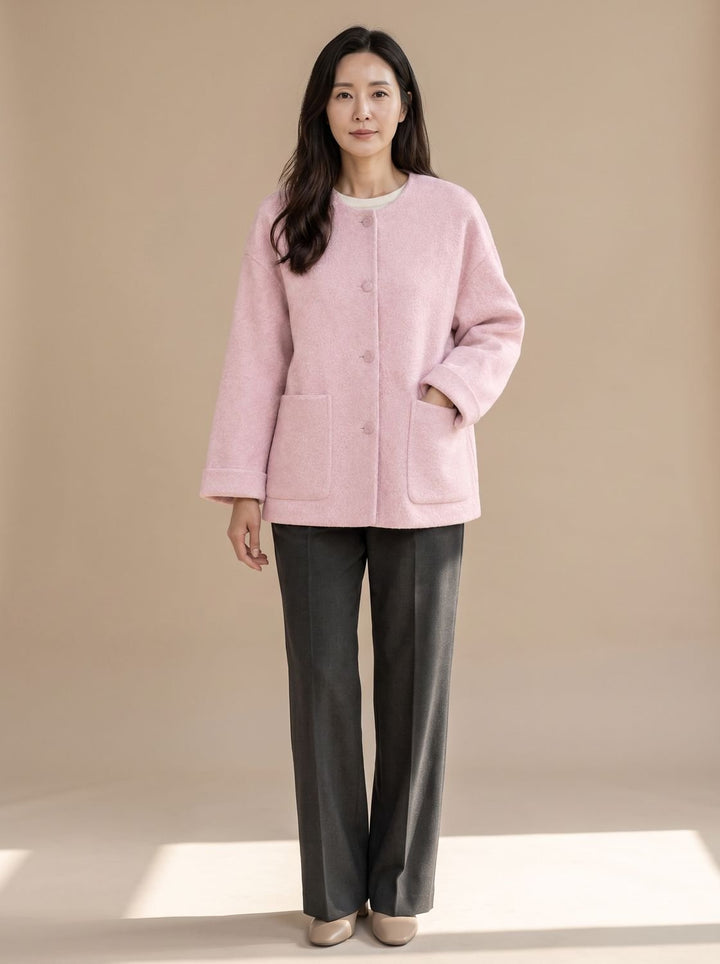 Damen Wollmantel Relaxed-Fit Rundhals Kurzjacke mit Knopfleiste - Rosa