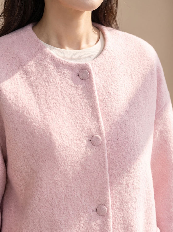 Damen Wollmantel Relaxed-Fit Rundhals Kurzjacke mit Knopfleiste