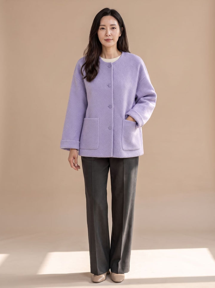 Damen Wollmantel Relaxed-Fit Rundhals Kurzjacke mit Knopfleiste - Lila