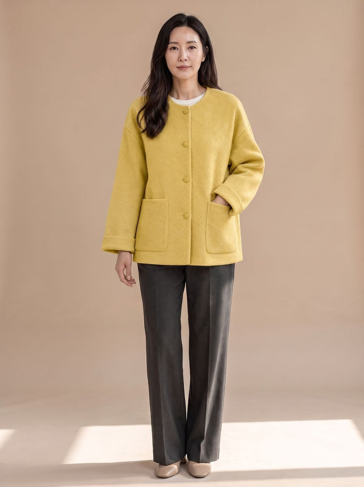 Damen Wollmantel Relaxed-Fit Rundhals Kurzjacke mit Knopfleiste - Gelb