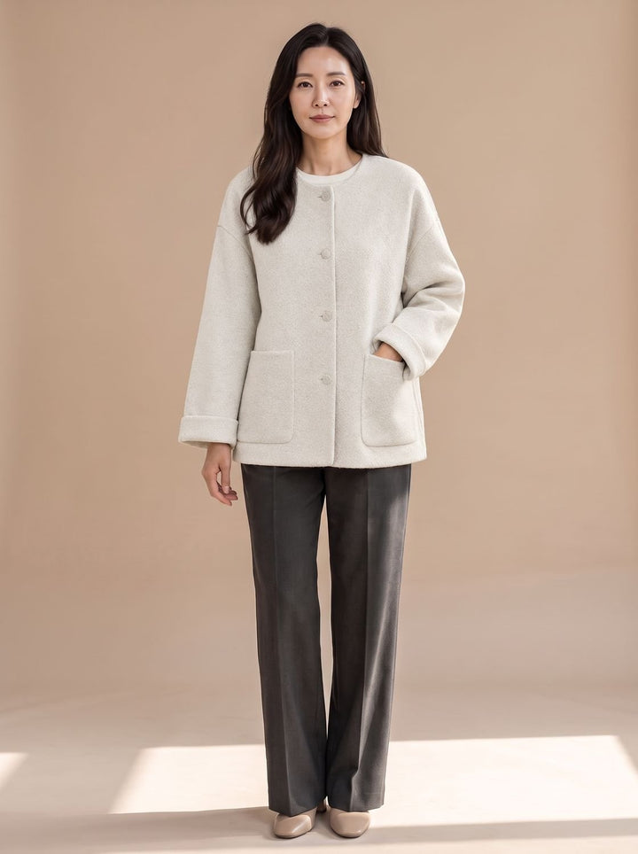 Damen Wollmantel Relaxed-Fit Rundhals Kurzjacke mit Knopfleiste - Hellgrau