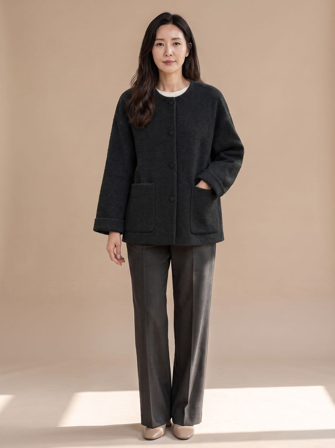 Damen Wollmantel Relaxed-Fit Rundhals Kurzjacke mit Knopfleiste - Schwarz