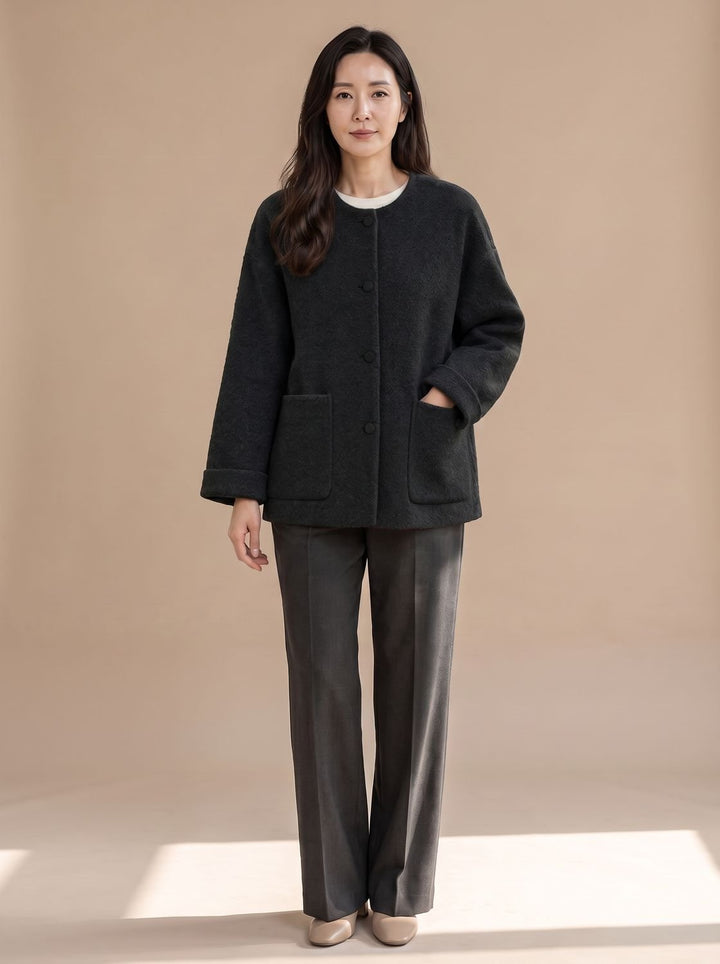 Damen Wollmantel Relaxed-Fit Rundhals Kurzjacke mit Knopfleiste - Schwarz