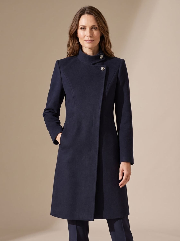 Damen Wollmantel Tailliert Stehkragen Asymmetrischer Knopfverschluss - Marineblauer Seidenschal