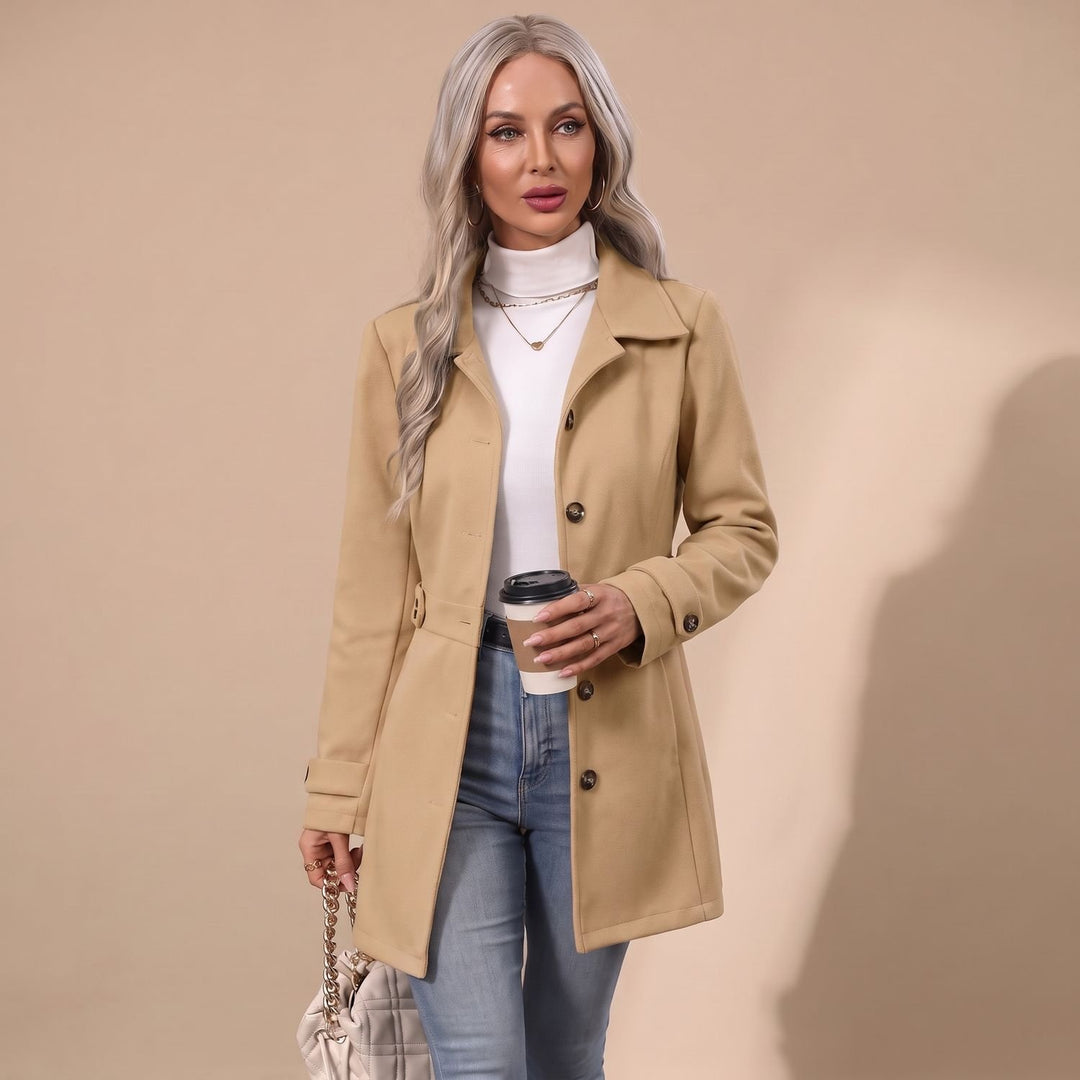 Damen Wollmantel Taillierter Kurzmantel mit Knopfleiste Klassischem Kragen - Khaki