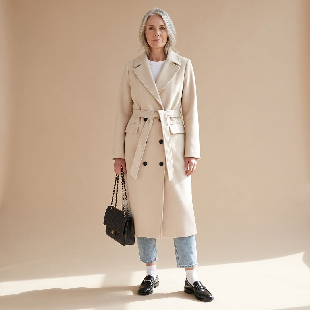 Damen Wollmantel Taillierter Zweireihiger Langer Mantel mit Gürtel - Beige
