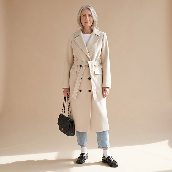 Damen Wollmantel Taillierter Zweireihiger Langer Mantel mit Gürtel - Beige