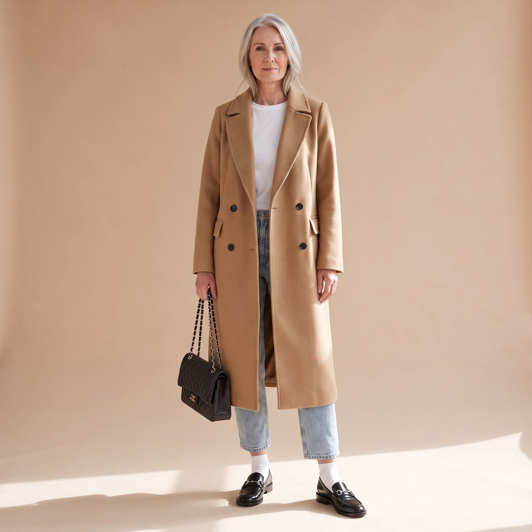 Damen Wollmantel Taillierter Zweireihiger Langer Mantel mit Gürtel - Khaki