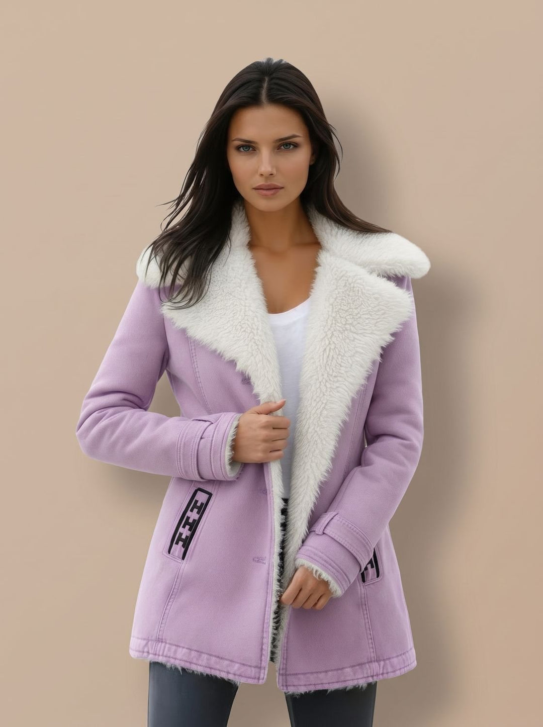 Damen Wollmantel Winterjacke mit Kunstfell-Kragen Hüftlang - Lila
