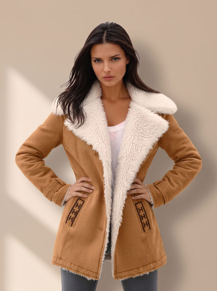 Damen Wollmantel Winterjacke mit Kunstfell-Kragen Hüftlang - Khaki