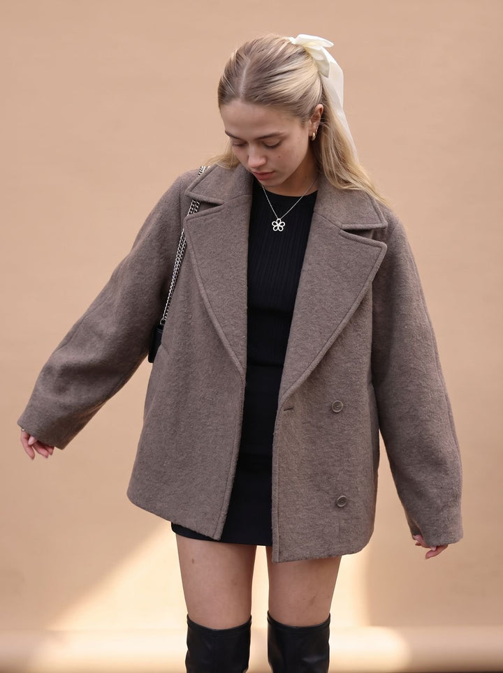 Damen Wollmantel Zweireiher Oversized Kurzmantel mit Revers - Grau