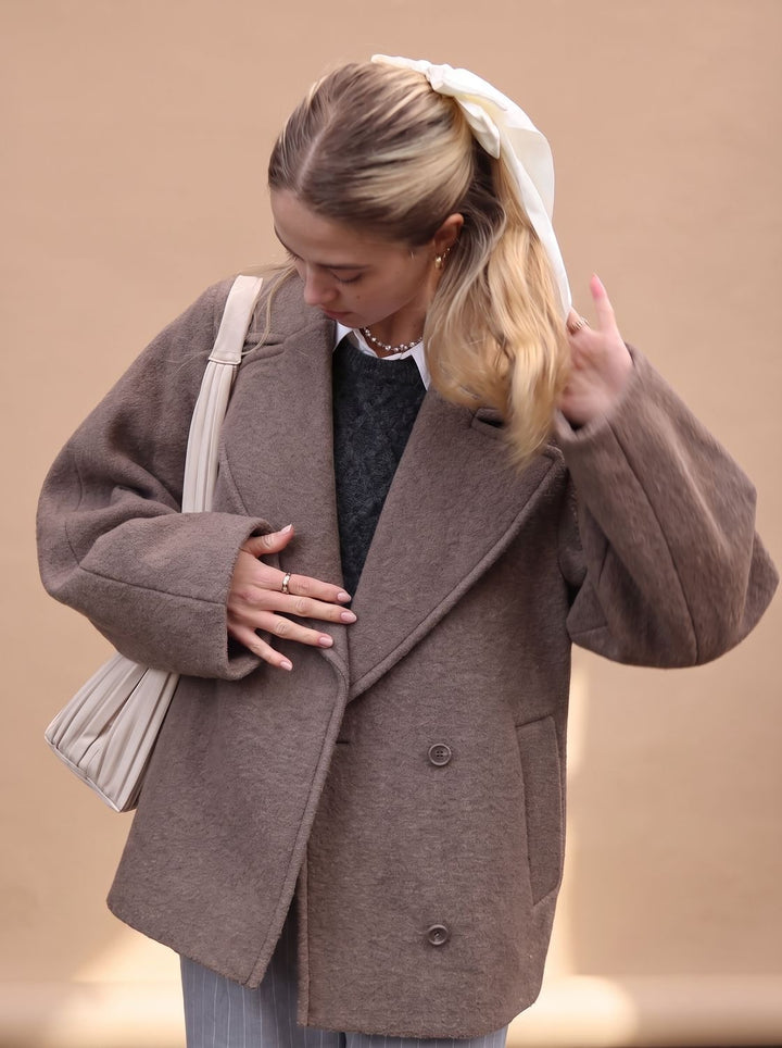 Damen Wollmantel Zweireiher Oversized Kurzmantel mit Revers