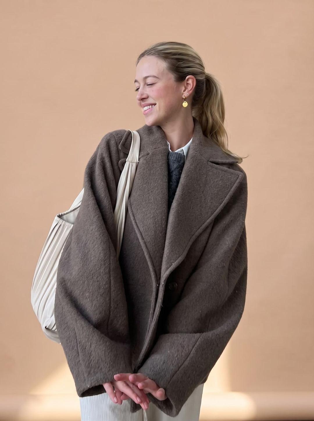 Damen Wollmantel Zweireiher Oversized Kurzmantel mit Revers