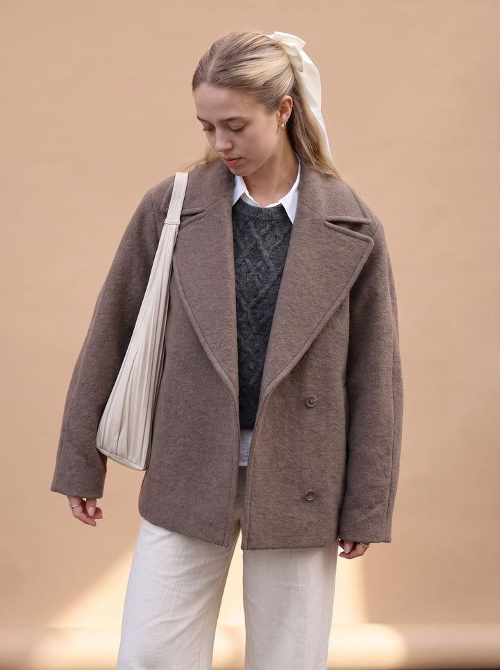 Damen Wollmantel Zweireiher Oversized Kurzmantel mit Revers