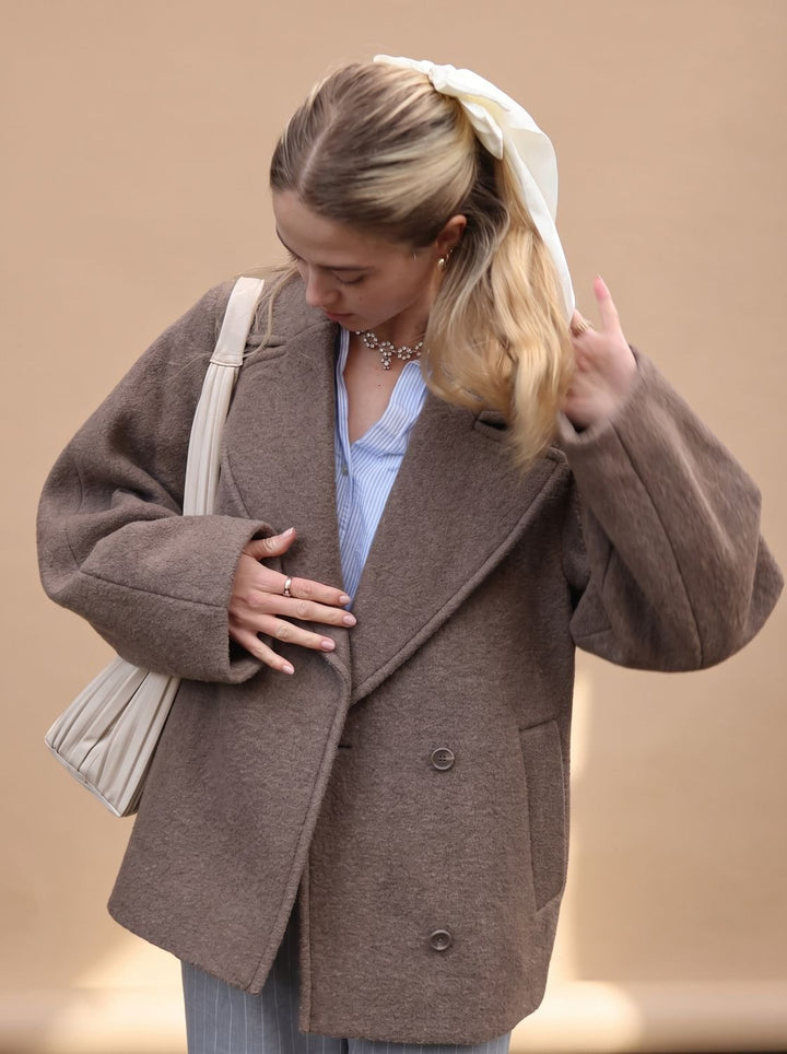 Damen Wollmantel Zweireiher Oversized Kurzmantel mit Revers