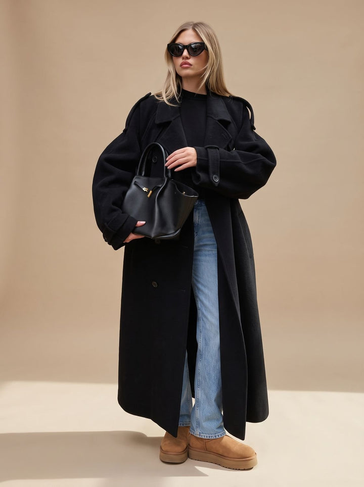 Damen Wollmantel Zweireiher Trench Coat mit Gürtel und langer Silhouette - Schwarz