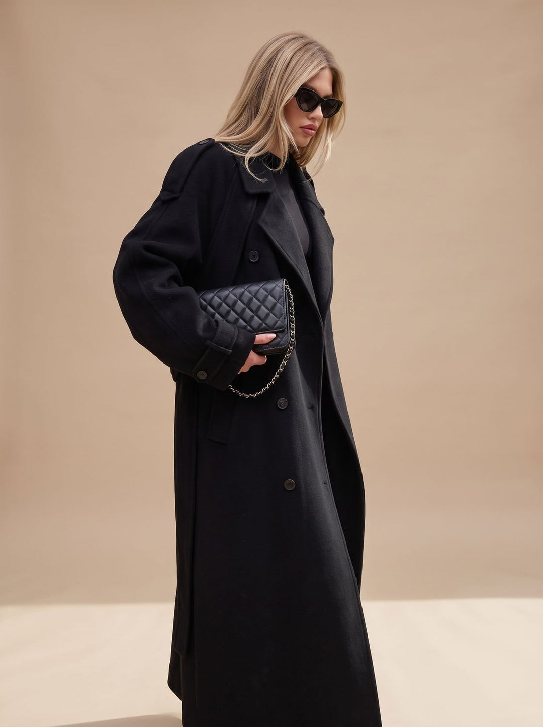 Damen Wollmantel Zweireiher Trench Coat mit Gürtel und langer Silhouette