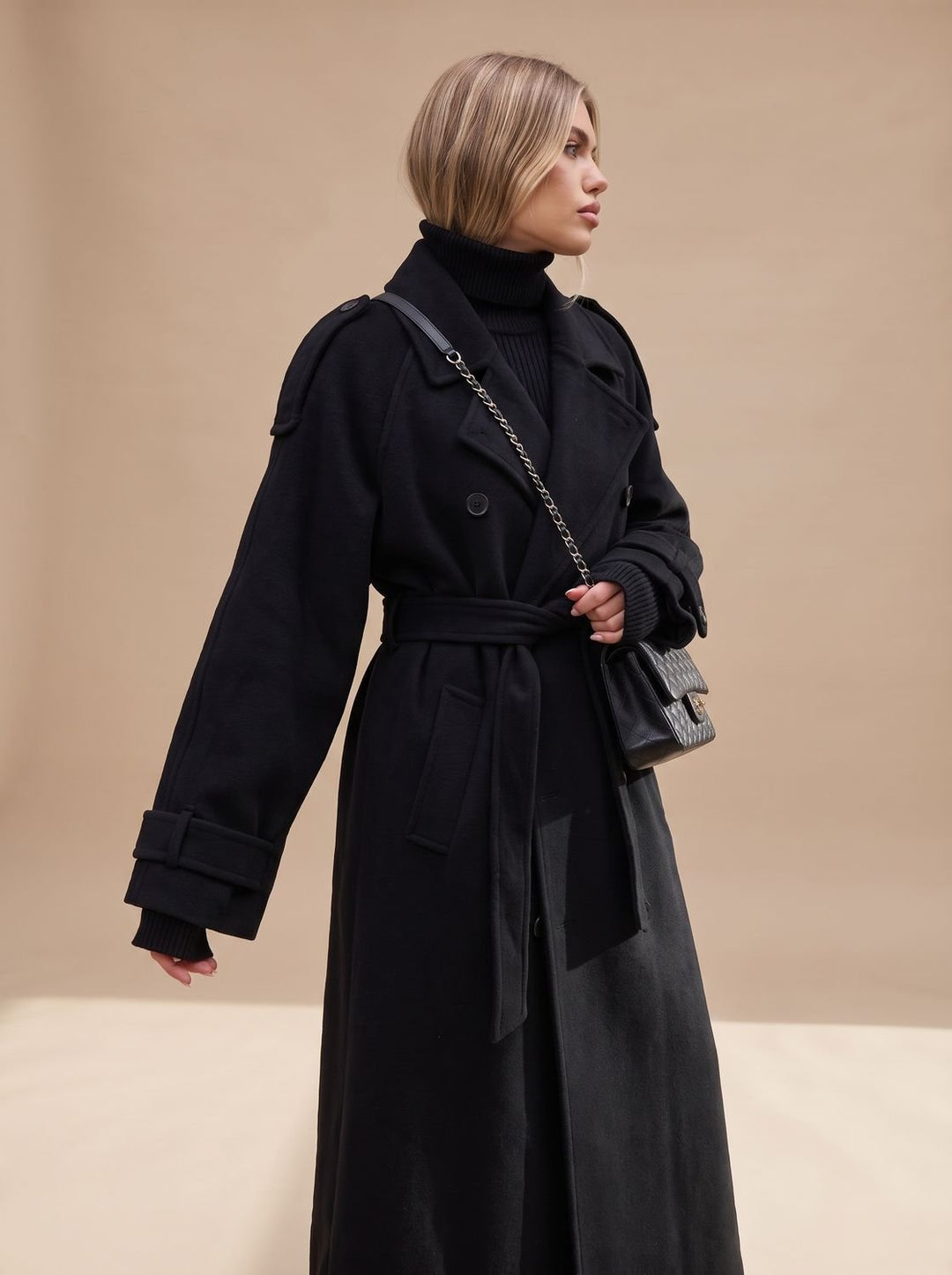 Damen Wollmantel Zweireiher Trench Coat mit Gürtel und langer Silhouette