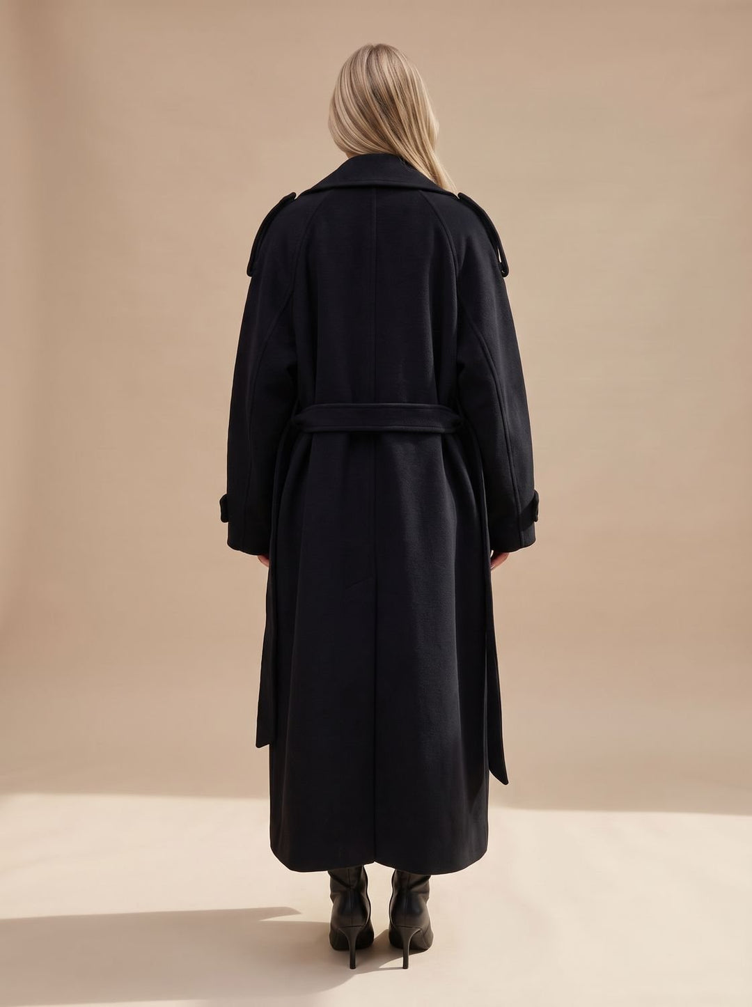 Damen Wollmantel Zweireiher Trench Coat mit Gürtel und langer Silhouette