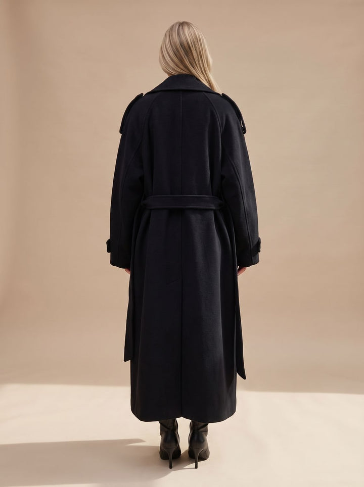 Damen Wollmantel Zweireiher Trench Coat mit Gürtel und langer Silhouette