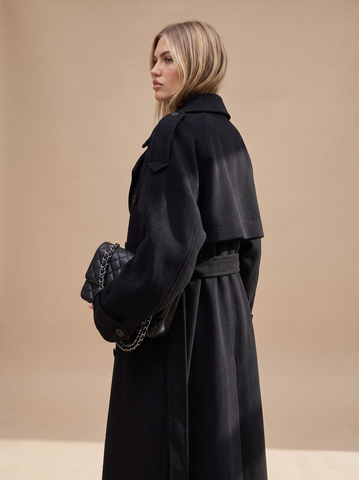 Damen Wollmantel Zweireiher Trench Coat mit Gürtel und langer Silhouette
