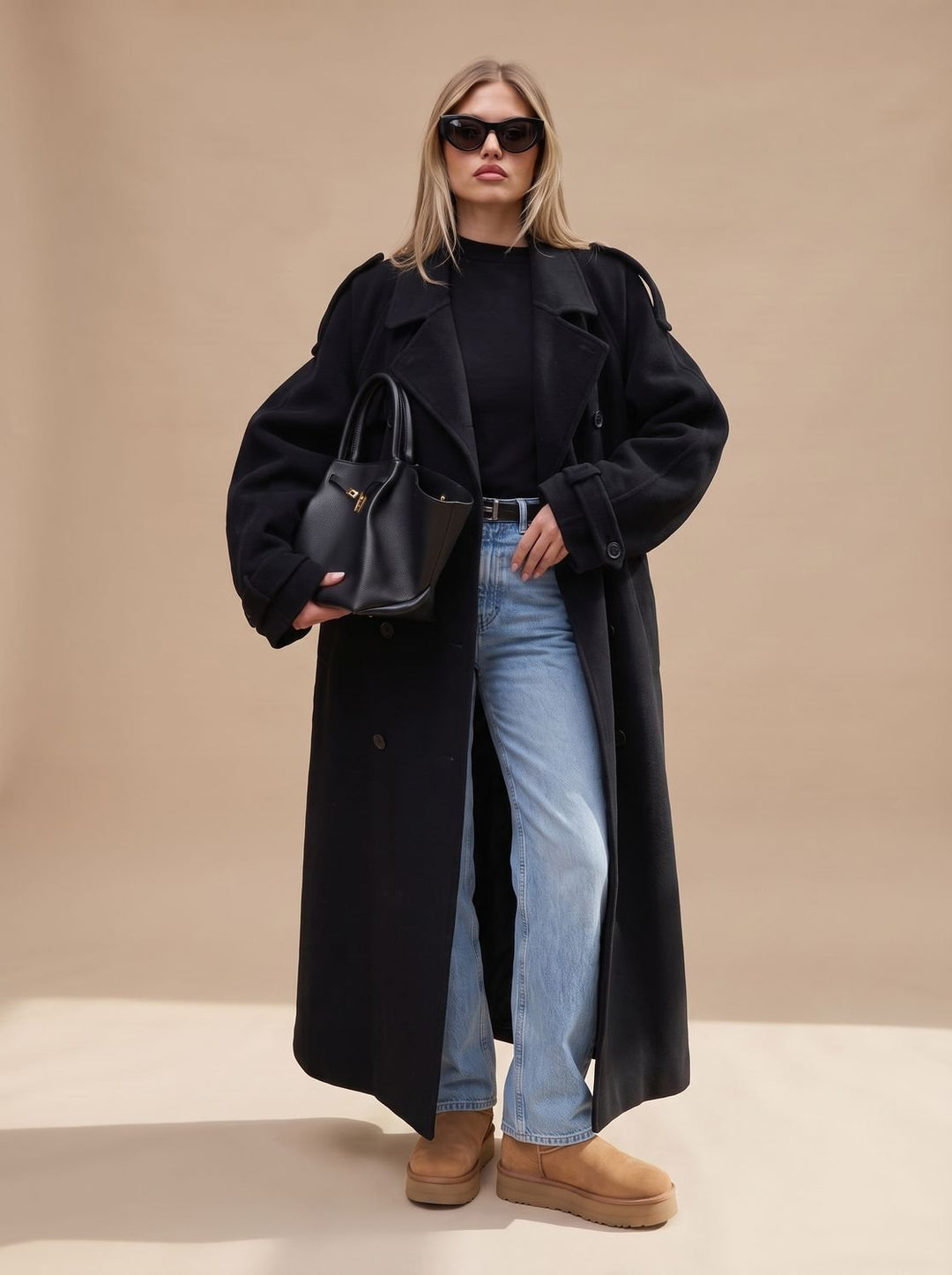 Damen Wollmantel Zweireiher Trench Coat mit Gürtel und langer Silhouette