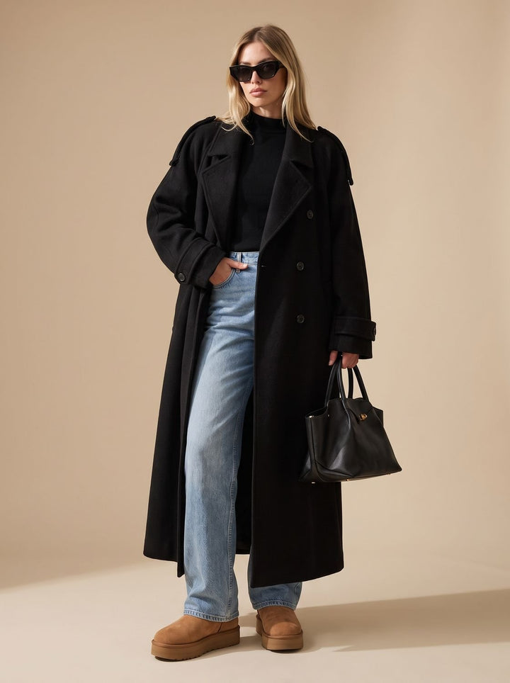 Damen Wollmantel Zweireihiger Gürtel-Trenchcoat mit Reverskragen - Schwarz
