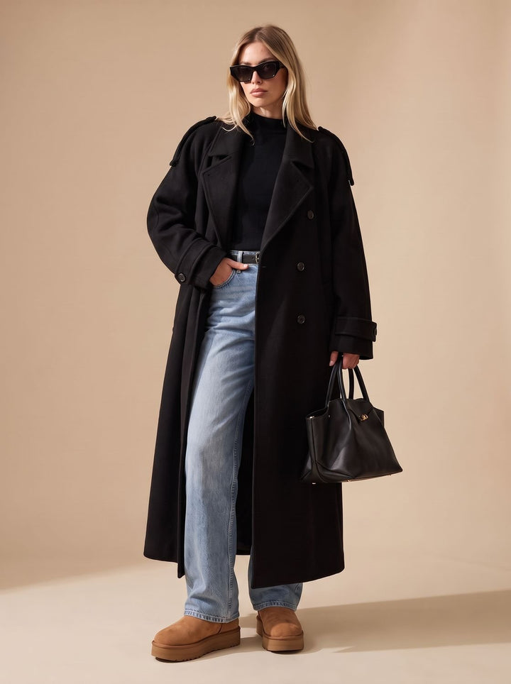 Damen Wollmantel Zweireihiger Gürtel-Trenchcoat mit Reverskragen