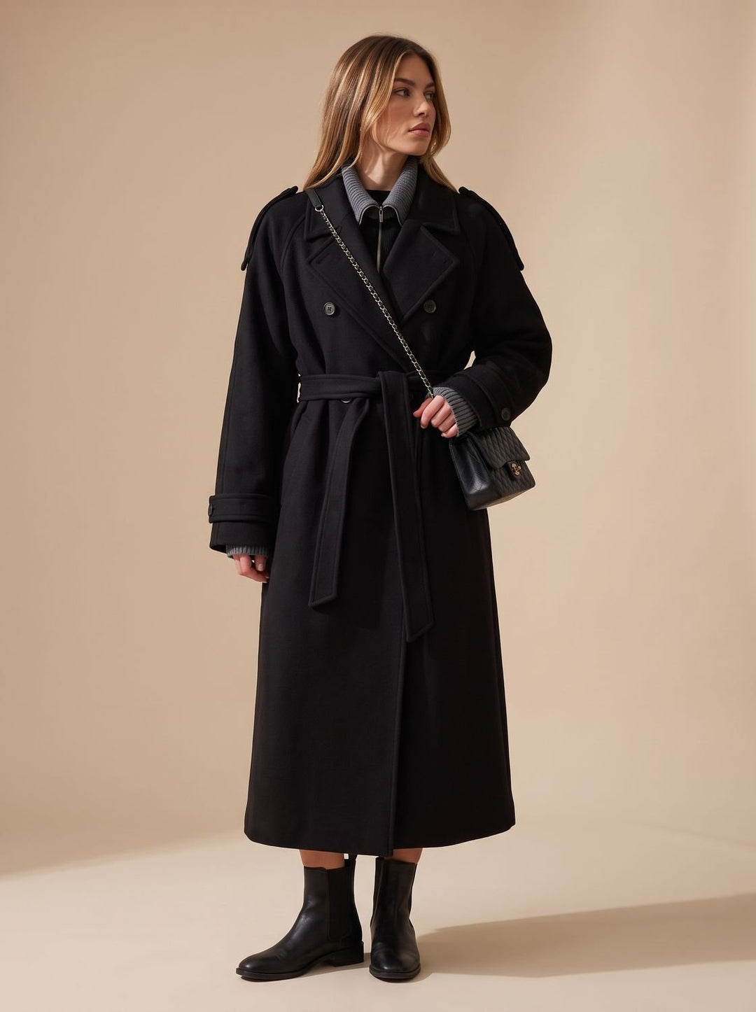 Damen Wollmantel Zweireihiger Gürtel-Trenchcoat mit Reverskragen