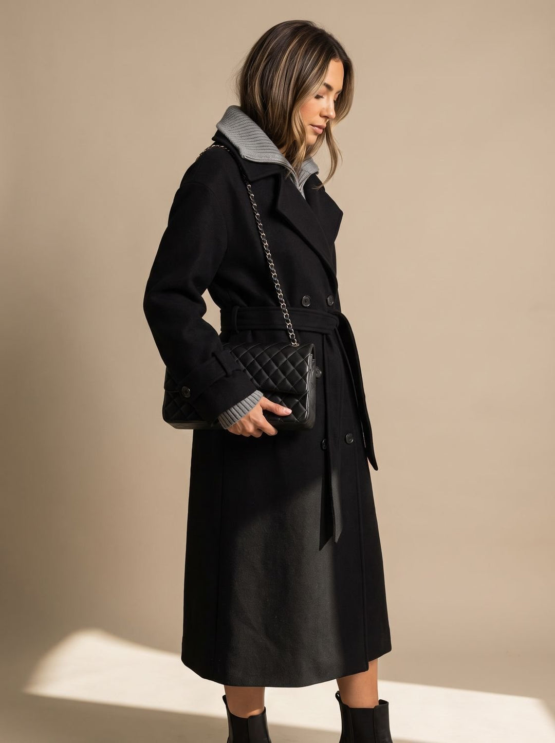 Damen Wollmantel Zweireihiger Gürtel-Trenchcoat mit Reverskragen