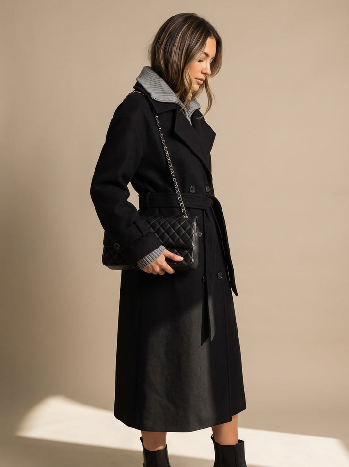 Damen Wollmantel Zweireihiger Gürtel-Trenchcoat mit Reverskragen