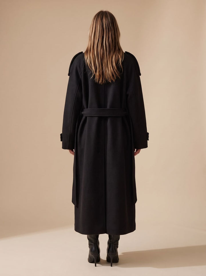 Damen Wollmantel Zweireihiger Gürtel-Trenchcoat mit Reverskragen