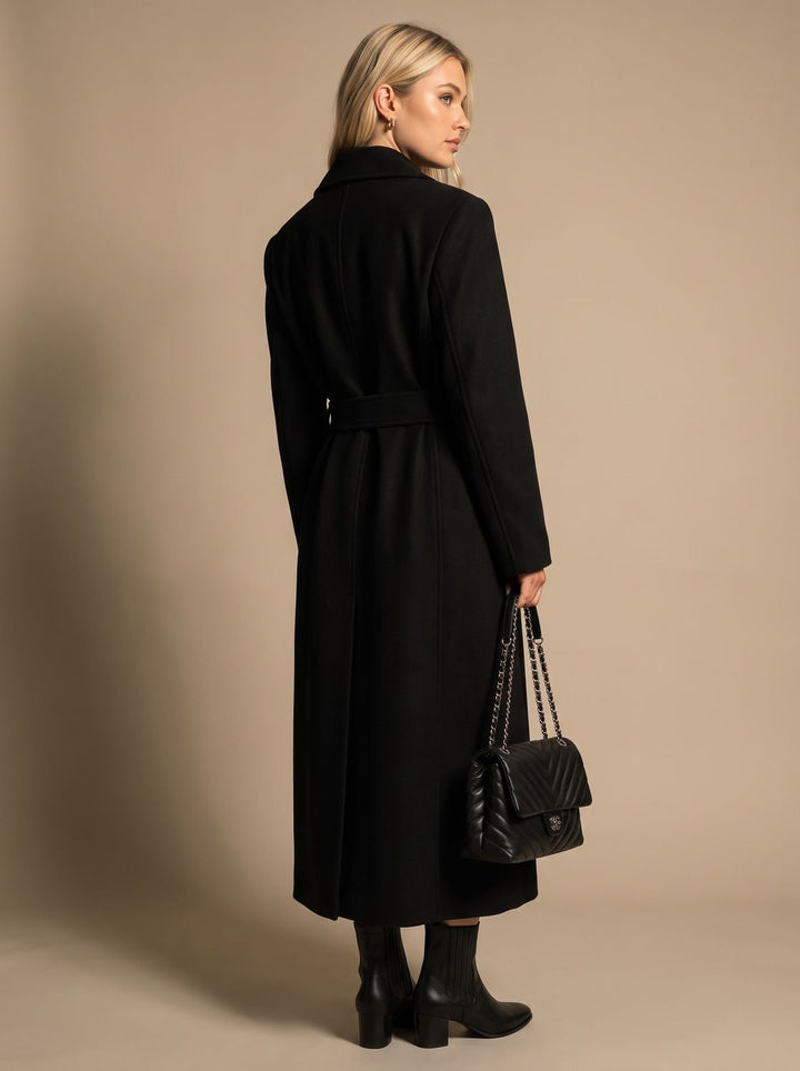 Damen Wollmantel Zweireihiger Gürtel-Trenchcoat mit Reverskragen