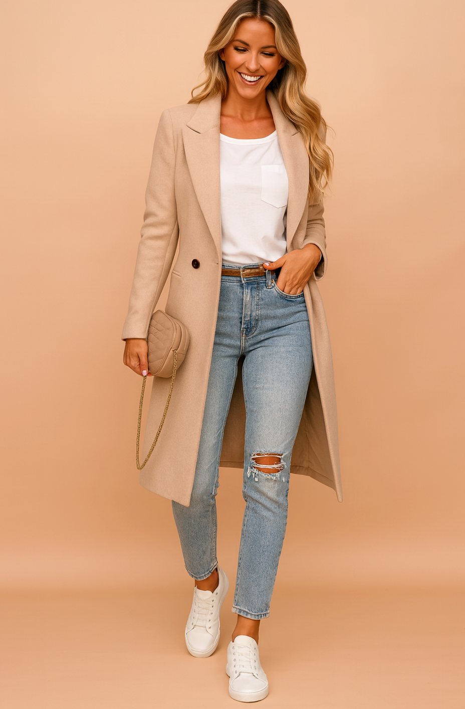 Damen Wollmantel Zweireihiger Longline-Mantel mit Revers - Beige