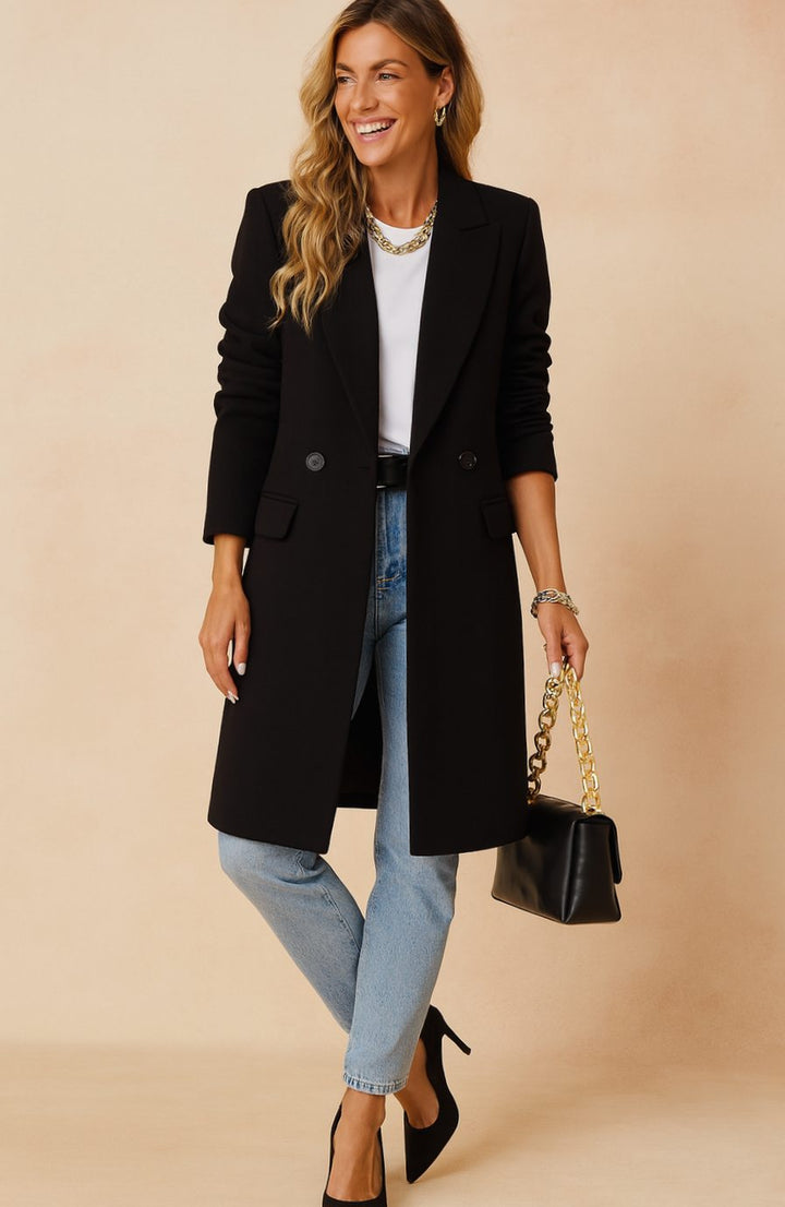 Damen Wollmantel Zweireihiger Longline-Mantel mit Revers - Schwarz
