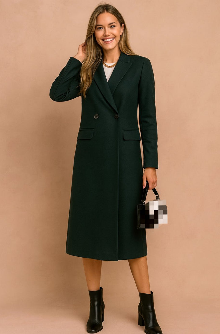 Damen Wollmantel Zweireihiger Longline-Mantel mit Revers