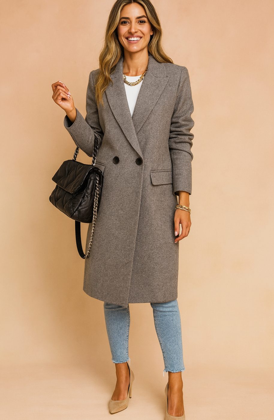 Damen Wollmantel Zweireihiger Longline-Mantel mit Revers - Grau