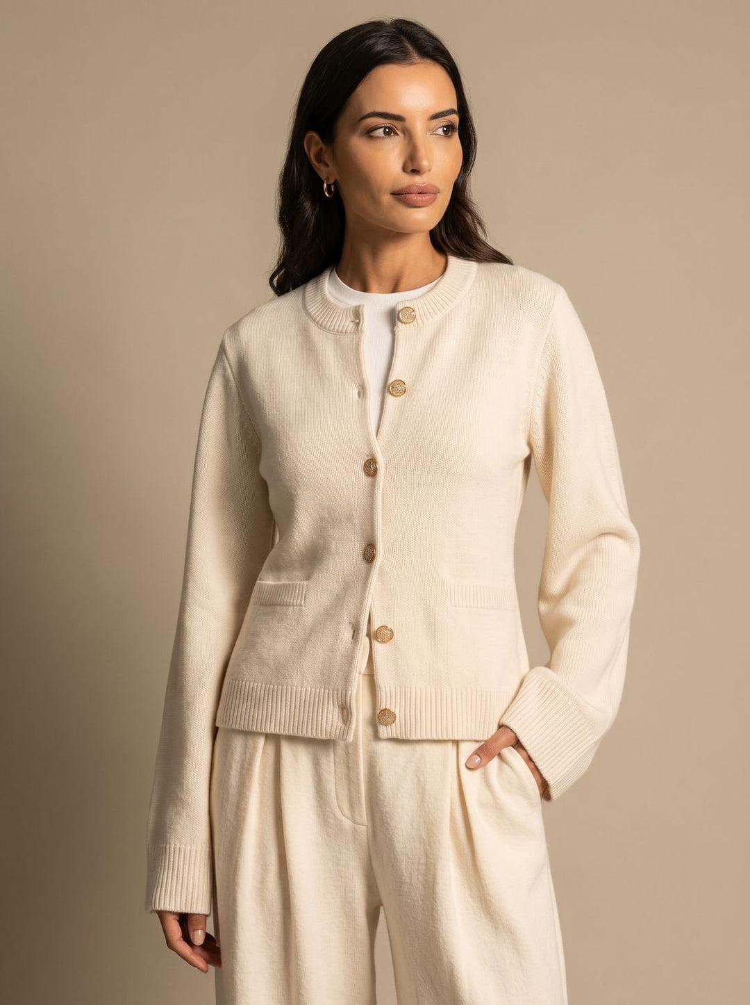 Damen Wollmix-Strickjacke mit Goldknöpfen lockere Passform - Elfenbein