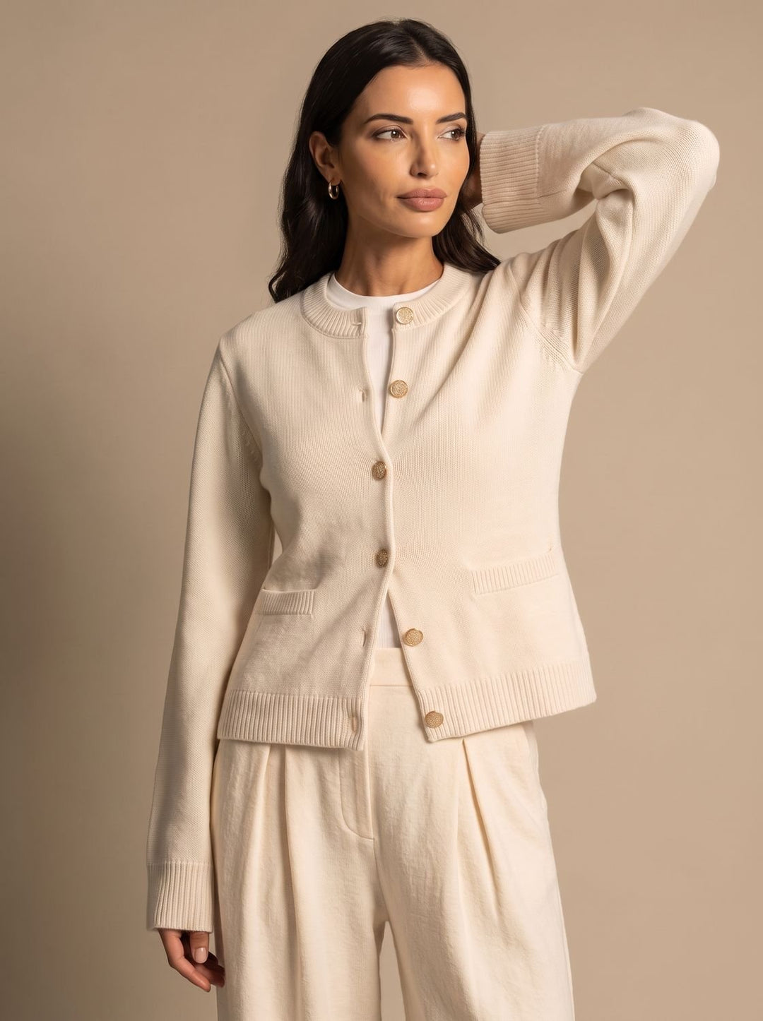 Damen Wollmix-Strickjacke mit Goldknöpfen lockere Passform