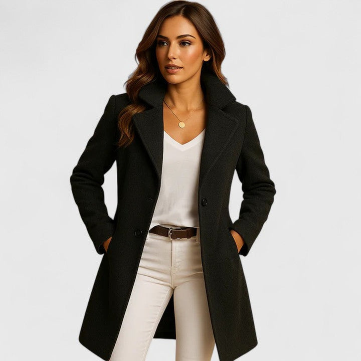 Damen Women Coat Eleganter Langer Mantel mit Knopfleiste - Schwarz