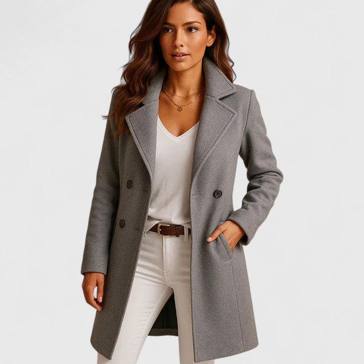 Damen Women Coat Eleganter Langer Mantel mit Knopfleiste - Grau