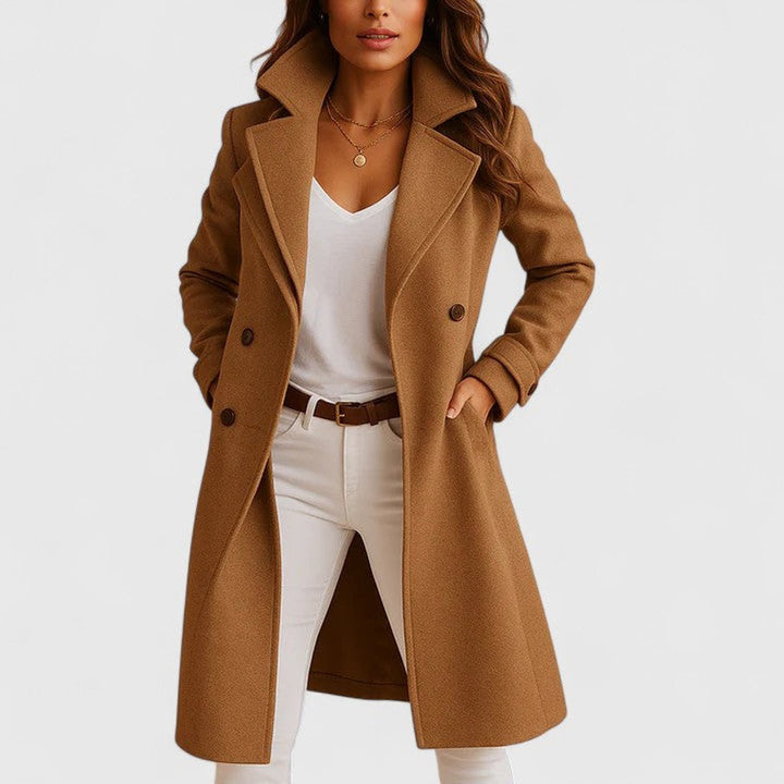 Damen Women Coat Eleganter Langer Mantel mit Knopfleiste - Camel
