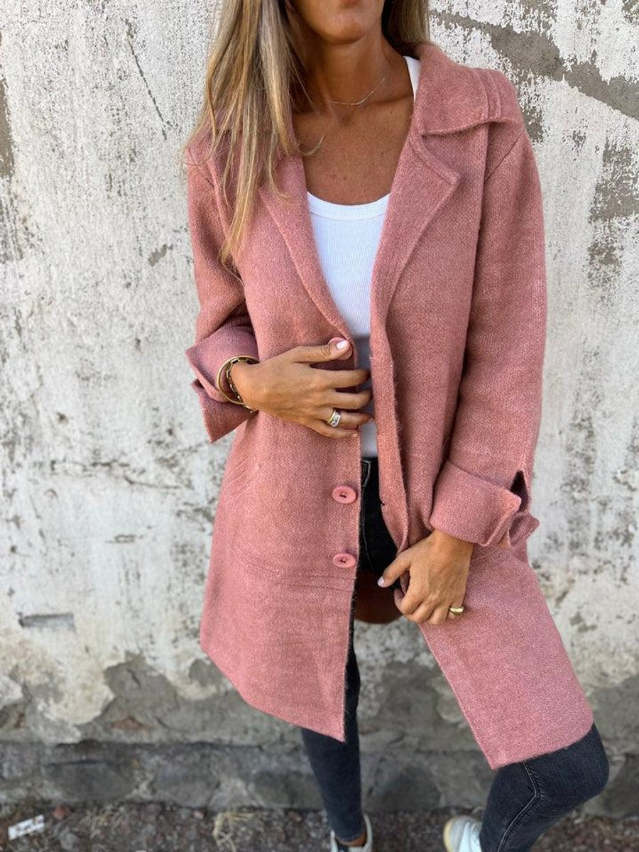 Damen Women Coat Lässiger Langer Mantel mit Revers und Knöpfen