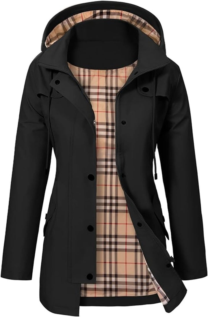 Damen Women Coat Wasserdichter Kapuzen-Regenmantel Kariertes Fleecefutter - Schwarz